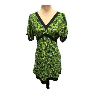 Uttam London Green Leaf Print Black & Trim Mini Dress By Uttam London Size Large